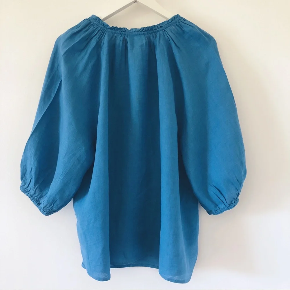 NWT J. Jill Relaxed Linen Peasant Top Cerulean Blue Size L Lagenlook - Picture 7 of 9